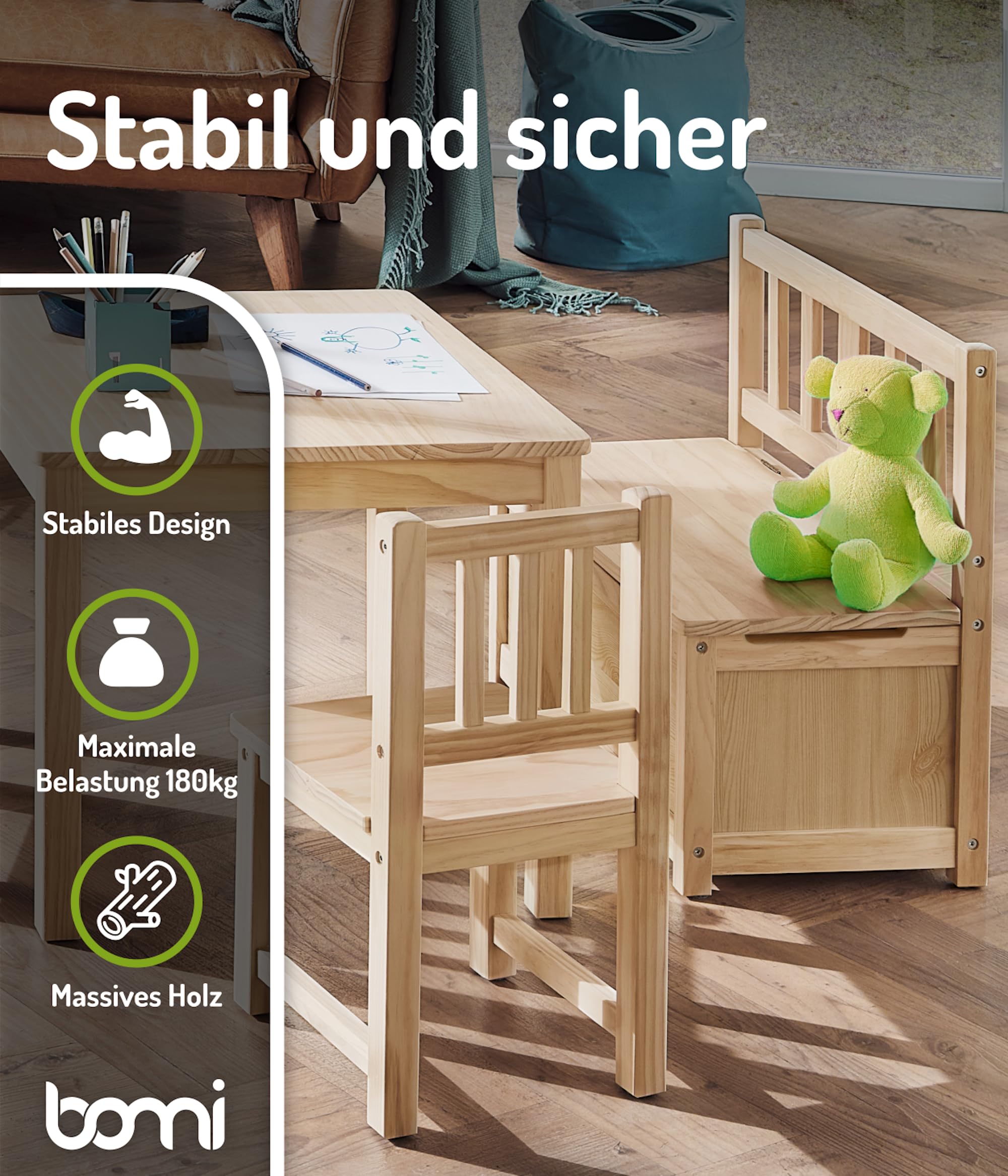 Bomi Kindersitzgruppe Anna mit integrierter Spielzeugkiste | Kinderzimmer-Set inkl. Kindertisch mit 2 Stühlen & Kindertruhenbank | Kindermöbel aus FSC nachhaltigem Kiefern Massiv Holz | Naturbelassen