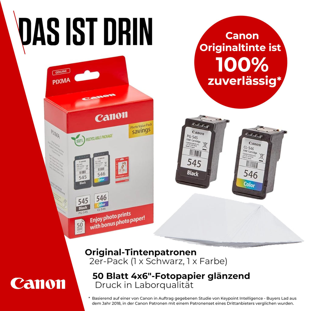 Canon Tinte & Papier Multipack - PG-545/CL-546 Original Drucker Tintenpatronen 2er-Pack (1 x Schwarz, 1 x Farbe druckerpatronen) & 4x6 Fotopapier (50 x Blatt) Für PIXMA TS3350, TS4550, TS3450, TS3150