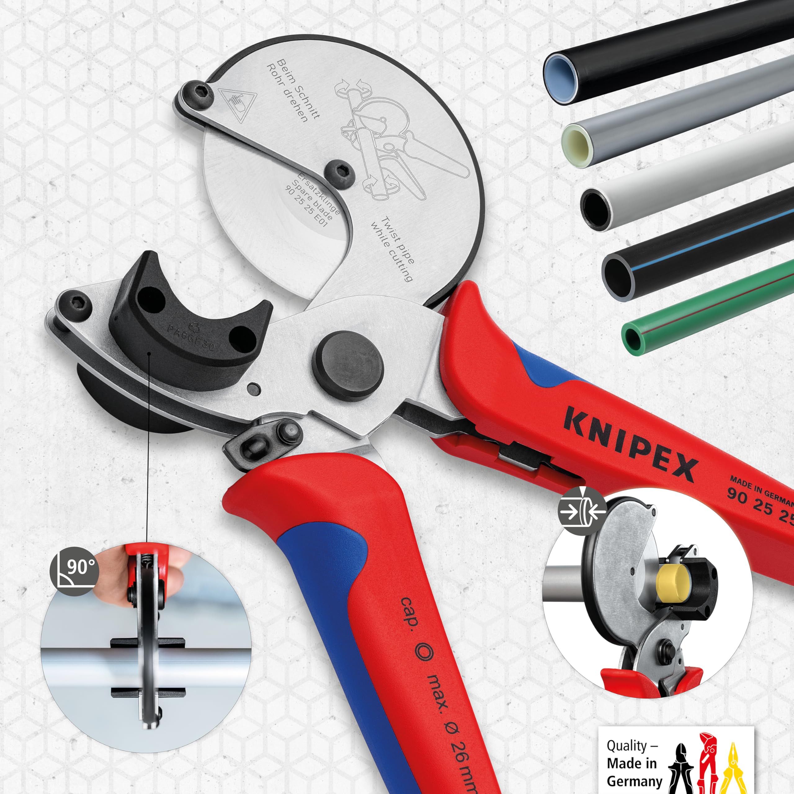 KNIPEX Rohrschneider für Verbund- und Kunststoffrohre verchromt mit Mehrkomponenten-Hüllen 210 mm, 90 25 25