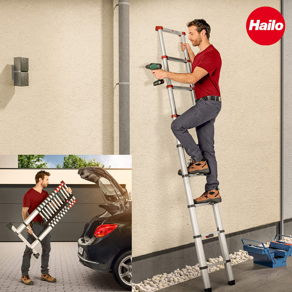 Hailo T80 FlexLine Alu-Sicherheits-Teleskopleiter - ausziehbare Anlegeleiter mit 13 Sprossen - Arbeitshöhe bis 450 cm - Gewicht 13,1 kg - Silber
