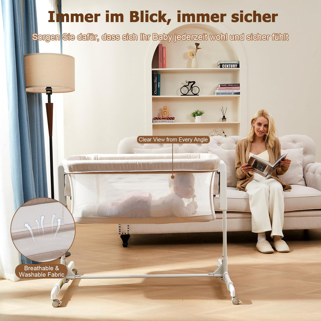 SANEWE Beistellbett Babybett - Stubenwagen Baby Bett mit Rollen Federwiege für Babys - Reisebett Set - Ausziehbares Kinderbett - Sicherer Schlafplatz für Kleinkinder