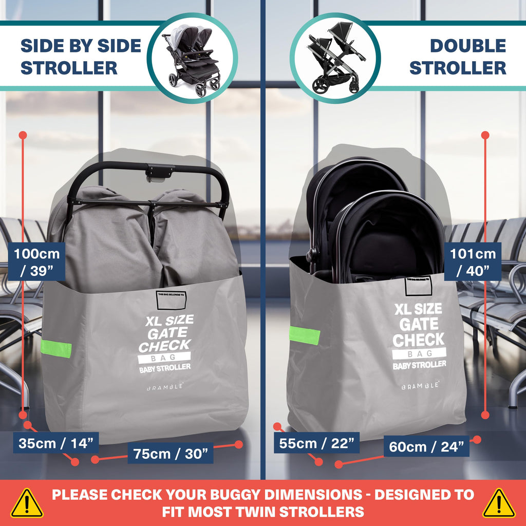 Bramble – XL-Kinderwagentasche fürs Flugzeug – Extra große Kinderwagentasche für Flugreisen – Wasserabweisende Doppel-Kinderwagen-Abdeckung für die Gate-Kontrolle (Grau)