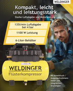 WELDINGER Flüster Kompressor FK 135 pocket ölfrei 1100 W Luftabgabe 135 l Tankvolumen 6 l Druckregler 5 Jahre Garantie