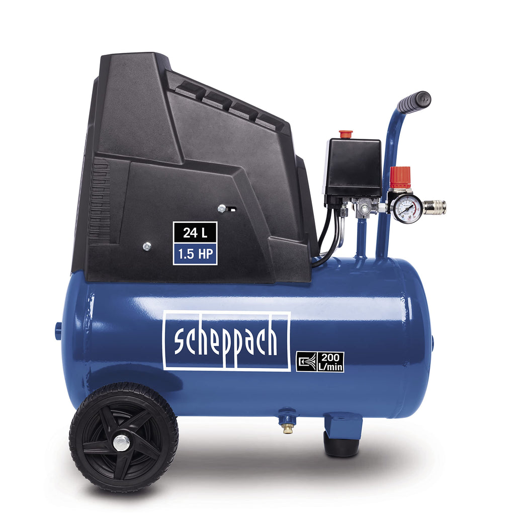 Scheppach Kompressor HC25o (1100W, 24 L,8 bar, Ansaugleistung 165 l/min, Druckminderer, ölfrei) - inkl. 13-teiligem Druckluft-Werkzeug-Set + 5 m Spiralschlauch