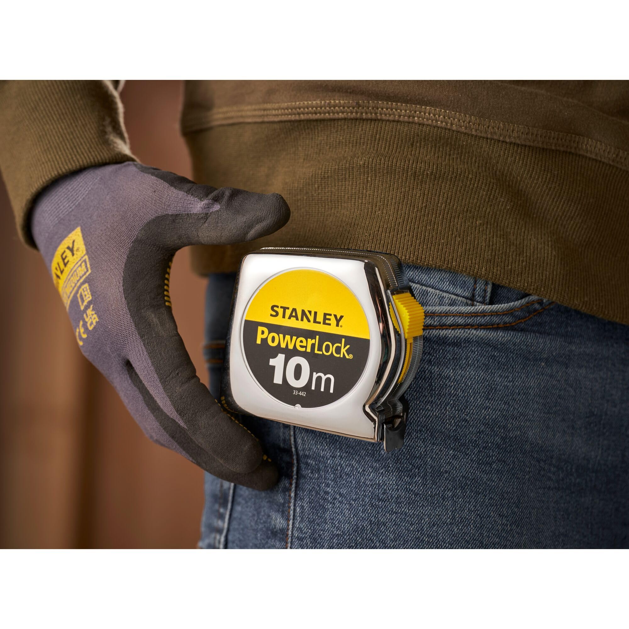 STANLEY Maßband Bandmaß Powerlock (Kunststoffgehäuse, Maßband 10 m Länge, 25 mm Breite, metrische Skalierung, Gürtelclip) 1-33-442