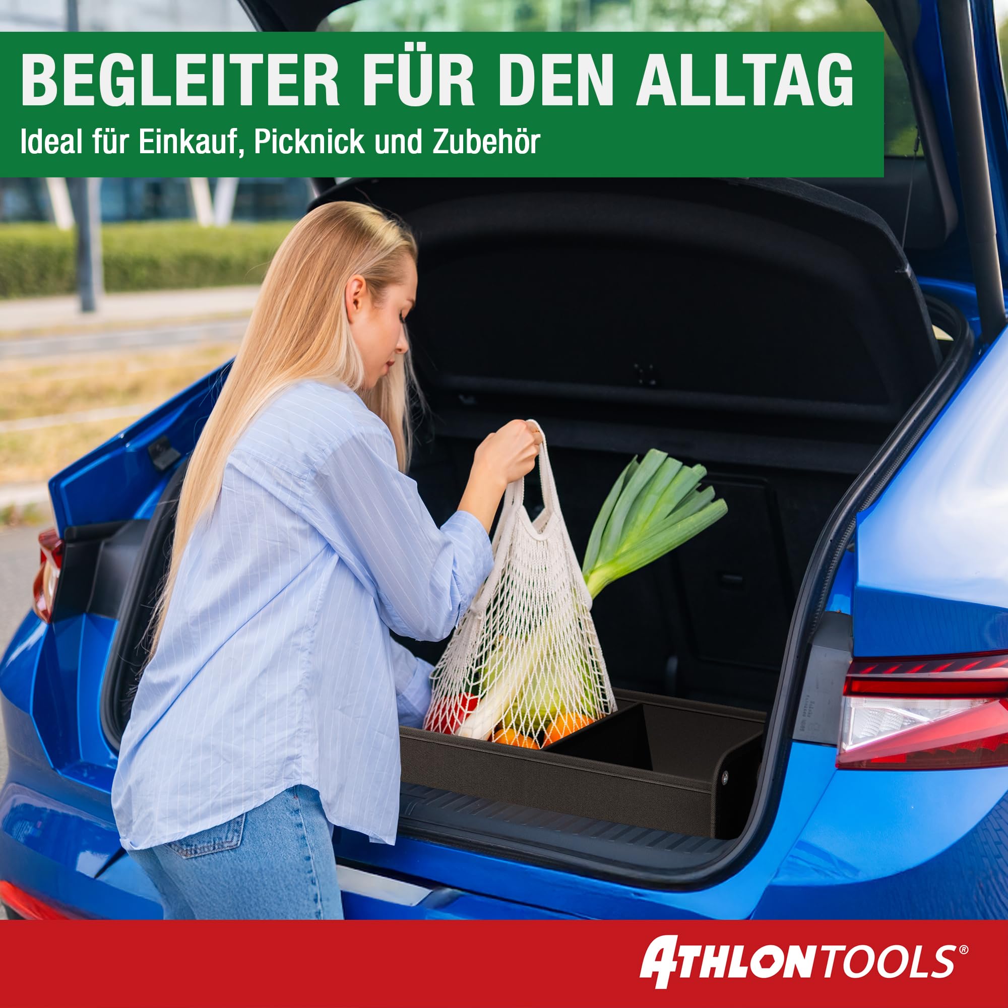 ATHLON TOOLS Kofferraumtasche faltbar - Kofferraum-Organizer, Auto Faltbox, Autotasche - verstärkt und stabil - mit Anti-Rutsch-Klett