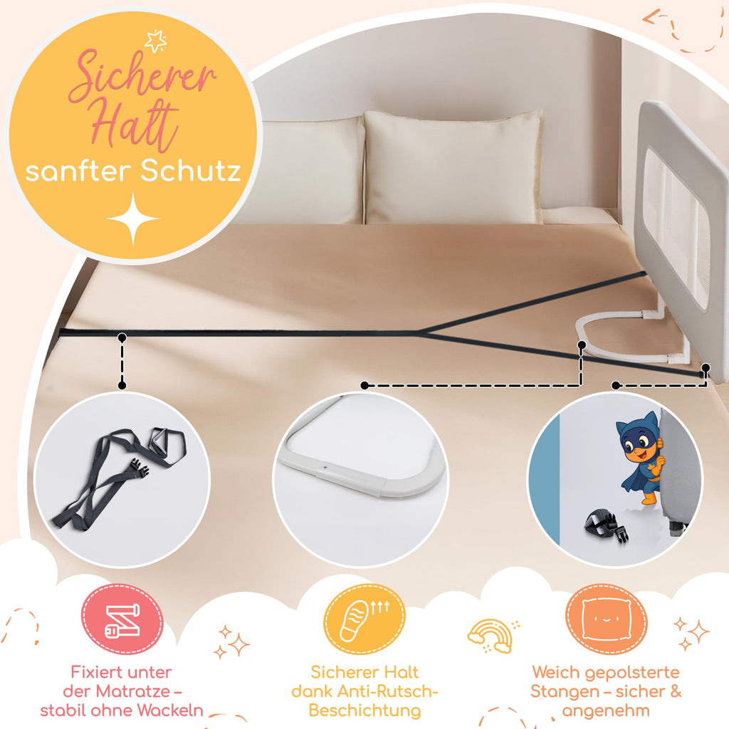 zoula kidz® faltbares Bettgitter als Rausfallschutz Bett Reise - Klappbar & Höhenverstellbar - Bettschutzgitter für Boxspringbett, Elternbett, Kinderbett - Mit Tasche & Gurt - ultrakompaktes Packmaß