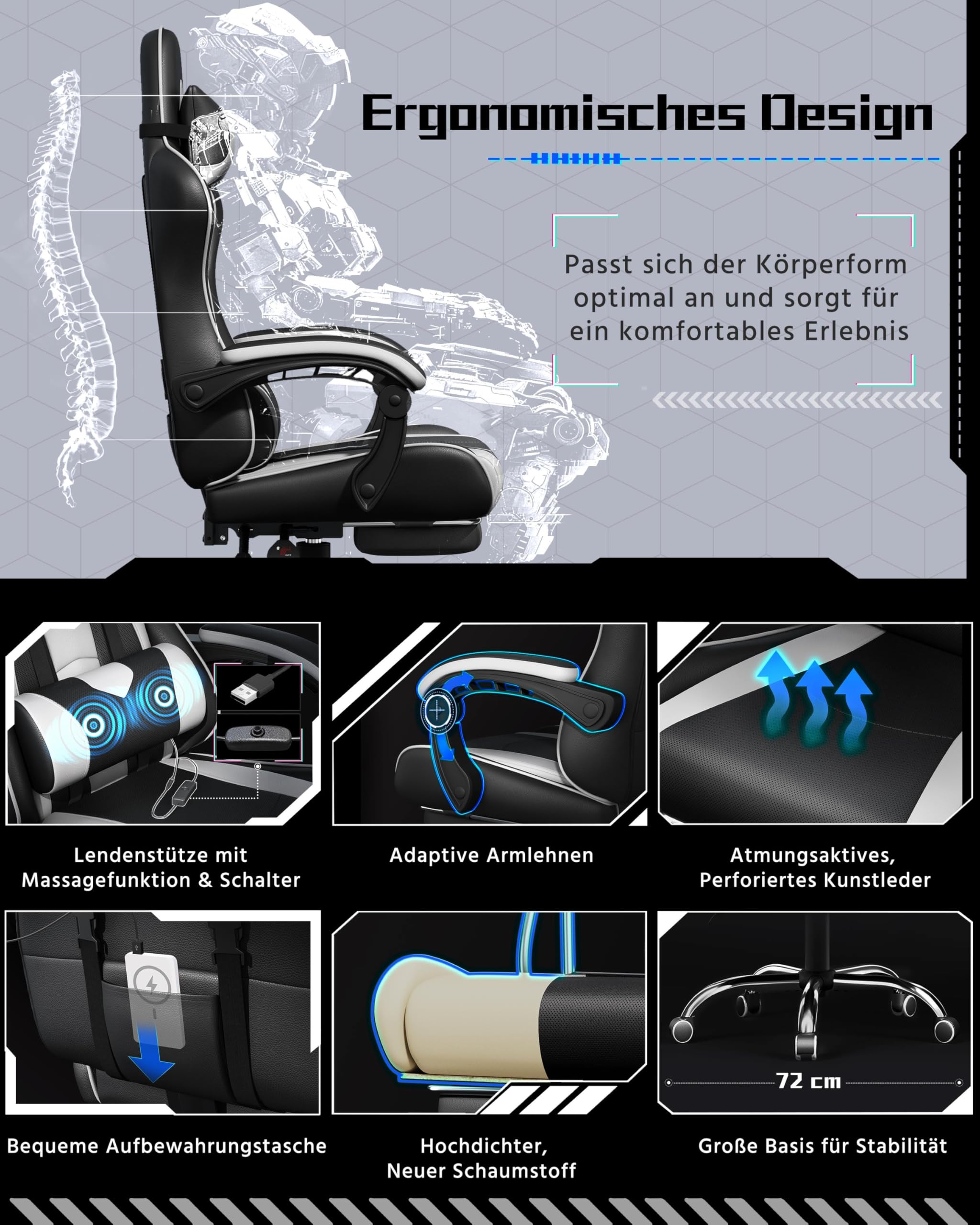 Yaheetech Gaming Stuhl Ergonomischer Gamer Stuhl mit Massagefunktion Computerstuhl mit Fußstütze Bürostuhl 90-135° Rückenlehne verstellbar Gaming Sessel PC Stuhl Weiß