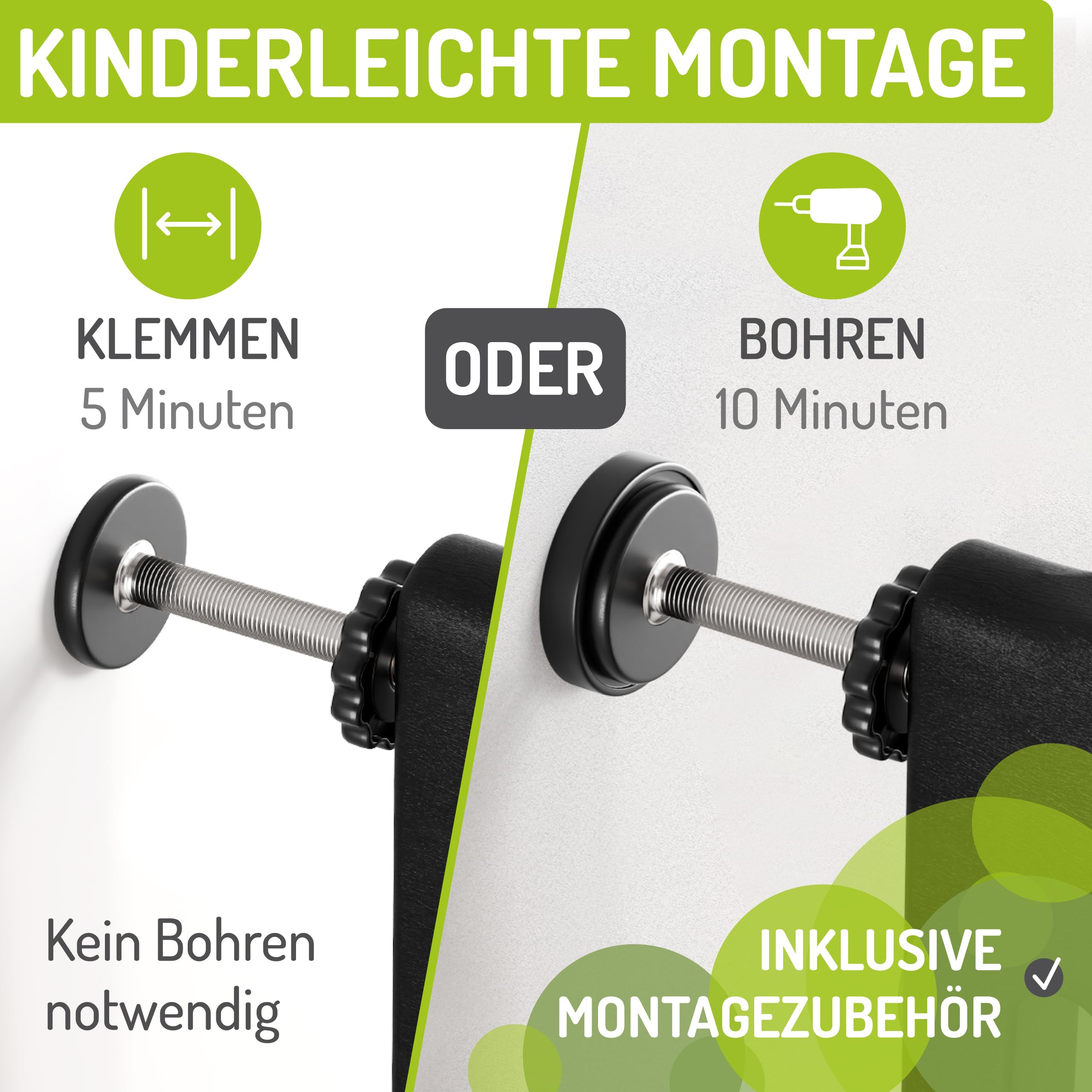 BOMI Baby Schutzgitter Treppe Miko PEFC geprüftes Buchenholz | Ohne Bohren | Gittertür aus Holz schwarz | Stabile Baby Schutzgitter Tür für Kindersicherheit | Treppen Türgitter | Breite: 87-95 cm