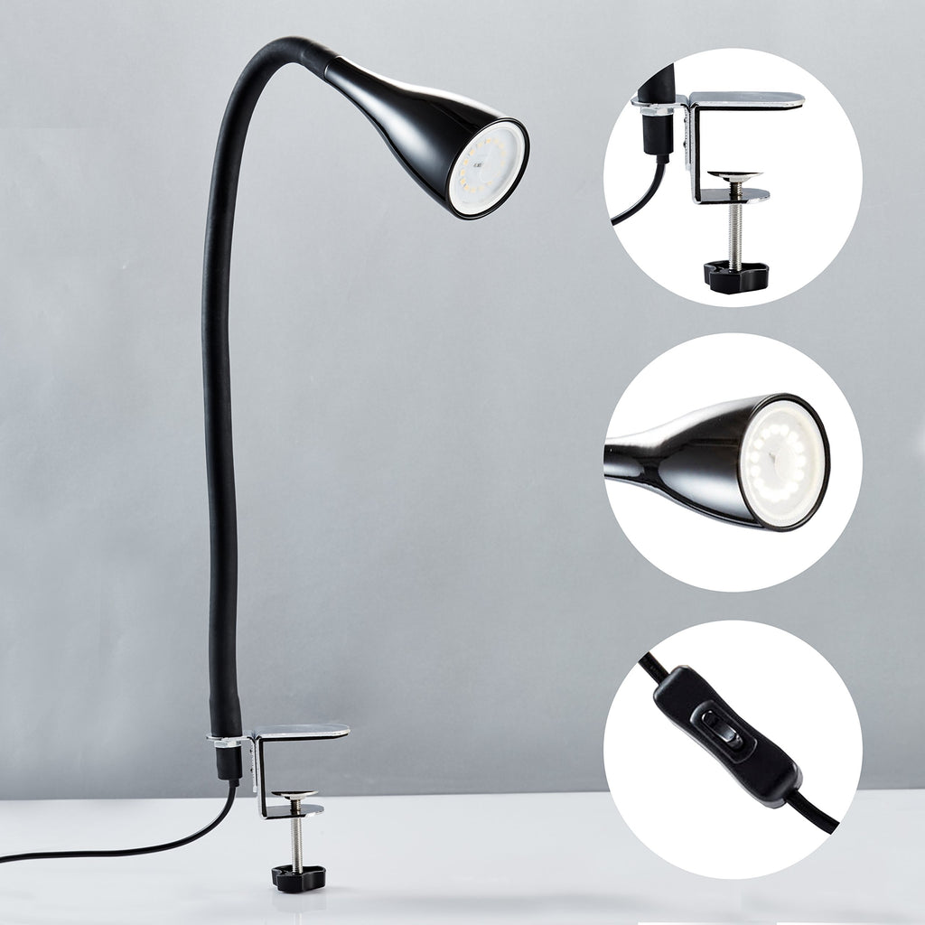 B.K.Licht - Schreibtischlampe mit Kabelschalter, dimmbar in Stufen, schwenkbar, Tischlampe, Klemmleuchte, Tischleuchte, Bürolampe, Leselampe, Leselicht, Klemmlampe, 60x5,5 cm, Schwarz