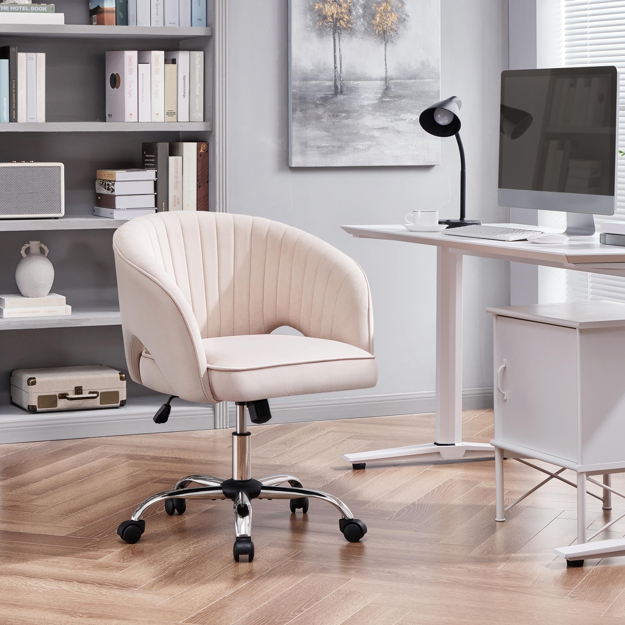 Yaheetech Schminkstuhl mit Samtbezug, Schreibtischstuhl mit Armlehnen, Drehstuhl mit Rollen, Höhenverstellbar Homeoffice Stuhl, Bürosessel mit Schaukelfunktion, drehbar Polsterstuhl Cremeweiß