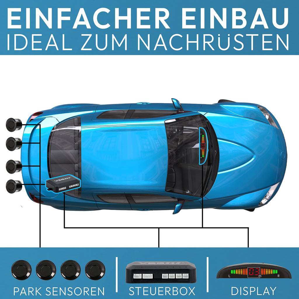 VSG24 Premium Einparkhilfe hinten mit Display zum nachrüsten am Auto, PDC Parksensoren hinten mit Stecksystem für einfachste Montage - 4 Rückfahrwarner Sensoren Parkhilfe Nachrüstsatz Schwarz