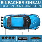 VSG24 Premium Einparkhilfe hinten mit Display zum nachrüsten am Auto, PDC Parksensoren hinten mit Stecksystem für einfachste Montage - 4 Rückfahrwarner Sensoren Parkhilfe Nachrüstsatz Schwarz