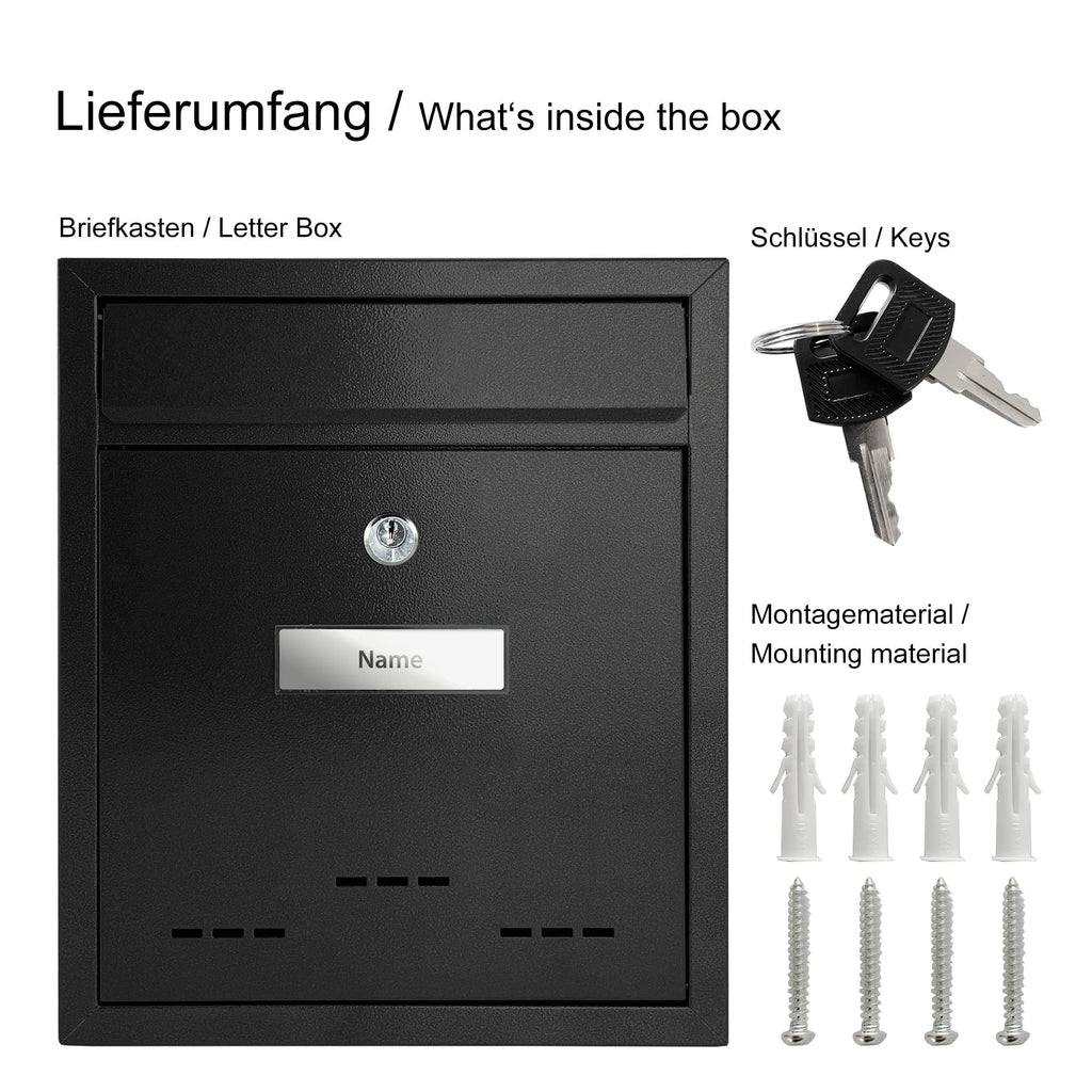 TÄGA 2218 Design Metall Briefkasten schwarz I DIN A4 Einwurfformat I mit Namensschild, Sichtfenster I abschließbar, inkl. 2 Schlüssel
