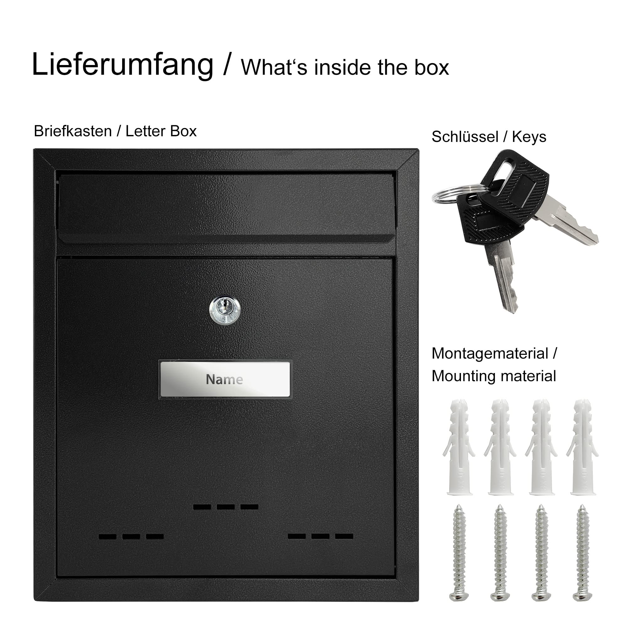 TÄGA 2218 Design Metall Briefkasten schwarz I DIN A4 Einwurfformat I mit Namensschild, Sichtfenster I abschließbar, inkl. 2 Schlüssel