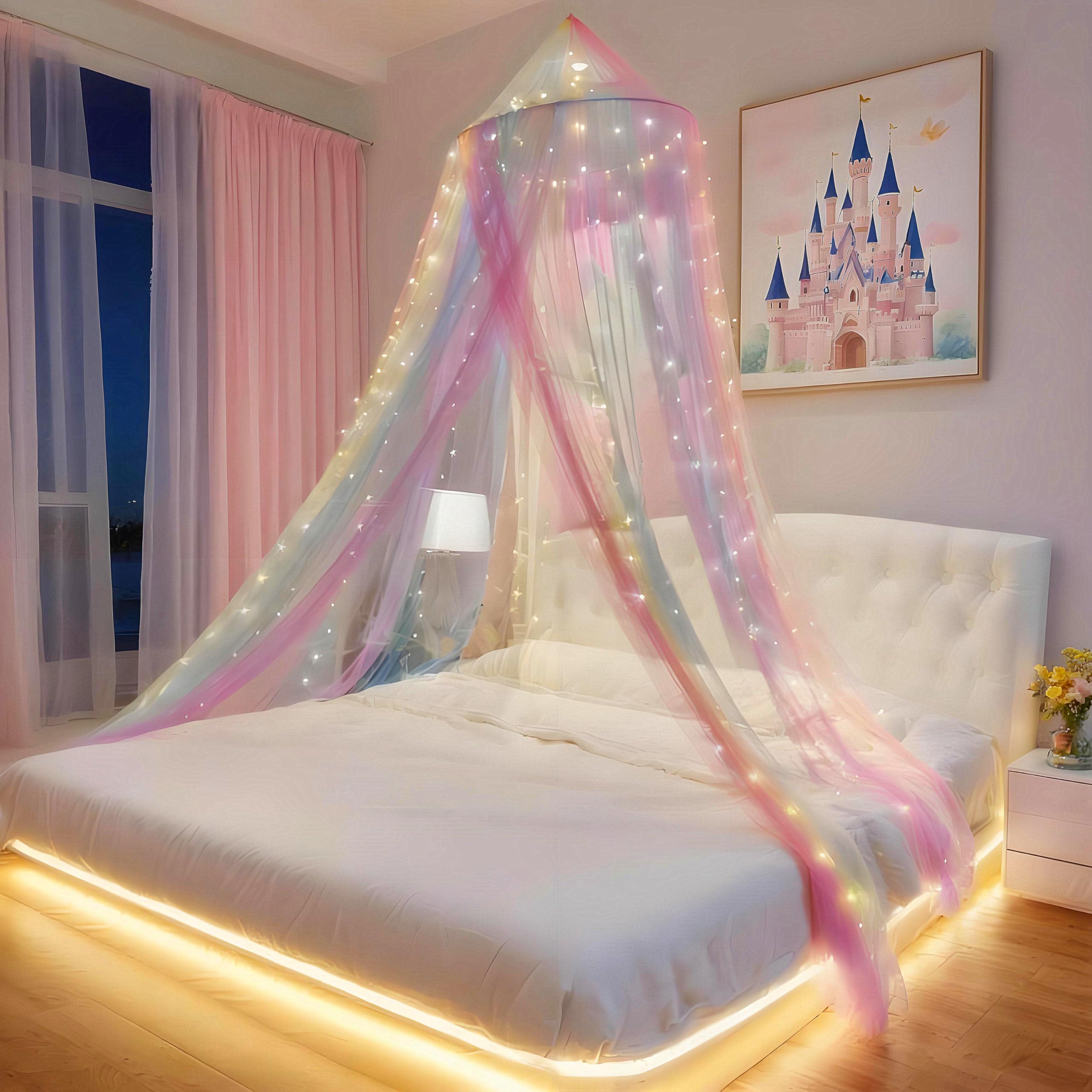 Eimilaly Prinzessin Betthimmel mit 250pcs Warm White Curtain Lichter, Regenbogen Betthimmel für Mädchen Zimmer Dekoration, 30D verschlüsselten Stoff
