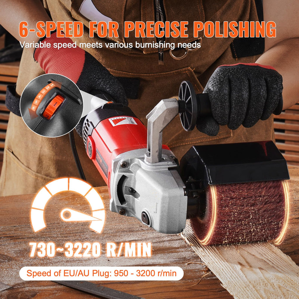 VEVOR Bürstenschleifer, 1200 W, 6-Gang variabler Drehzahlbereich (950-3200 U/min), Walzenschleifer, Schleifmaschine mit 4 Faserpolierrädern, Satiniermaschine für Edelstahl, Kunststoff, Holz