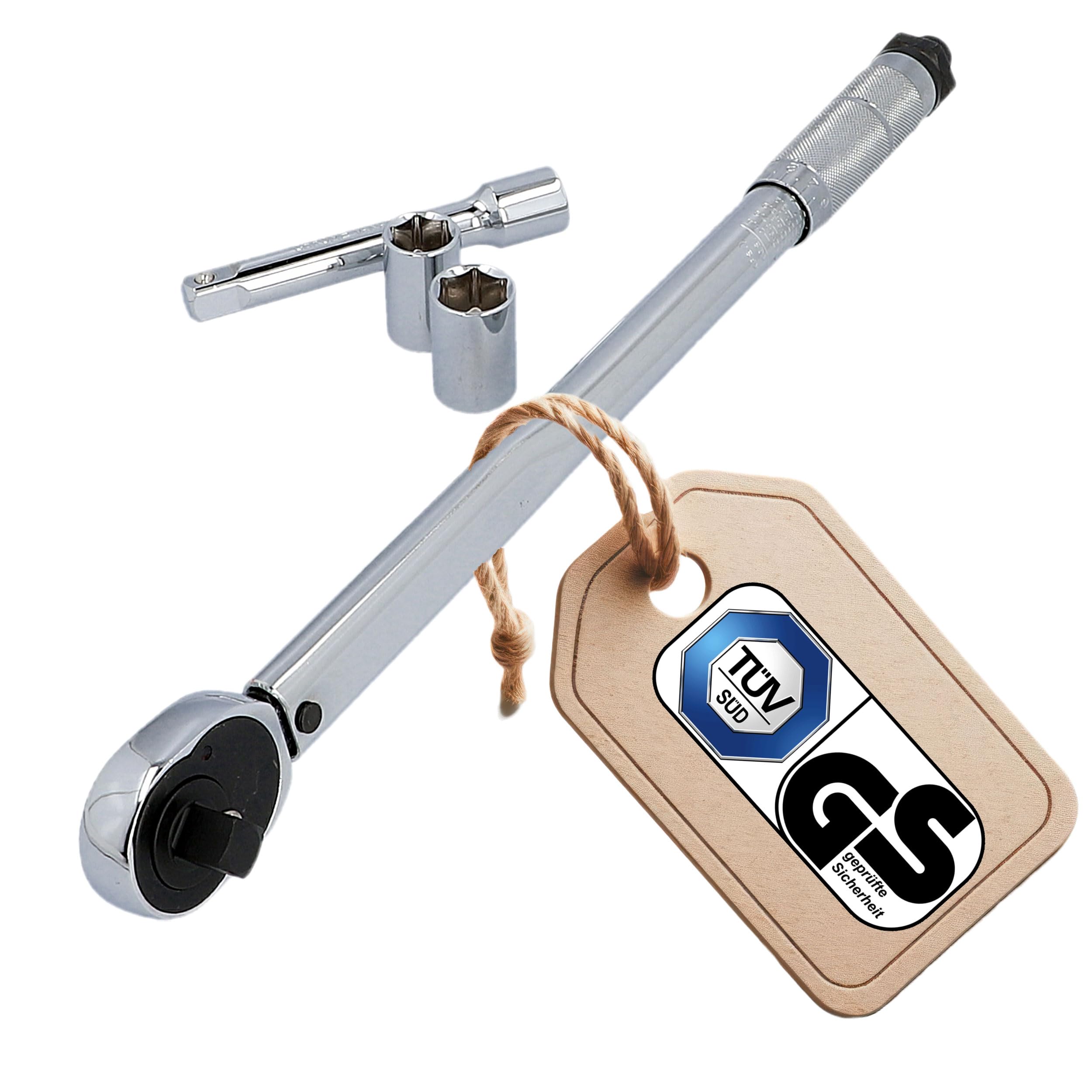 UNITEC Drehmomentschlüssel, Einstellbar von 40 bis 210 Nm, Antrieb 1/2" Vierkant, mit Stecknüssen 17/19 mm und Verlängerung, Silber
