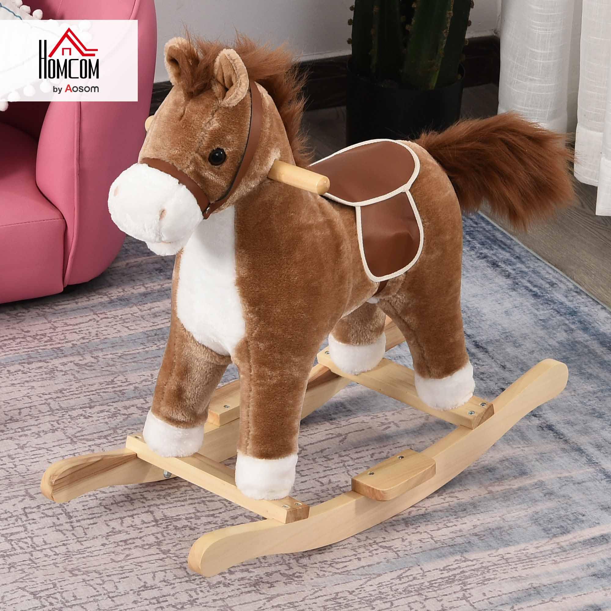 HOMCOM Kinder Schaukelpferd Baby Schaukeltier Pferd mit Tiergeräusche Spielzeug Haltegriffe für 36-72 Monate Plüsch Braun 65 x 32,5 x 61 cm