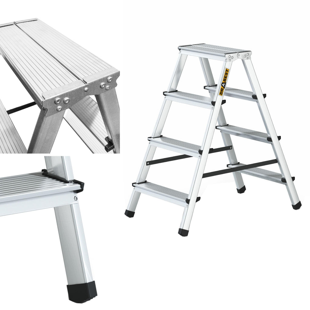 DRABEST Trittleiter Klapptritt Alu Leiter 2 x 4 Stufen Beidseitig Mehrzweckleiter Hausleitern bis 125 kg Belastbar Leiter