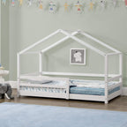 [en.casa] Kinderbett Knätten Hausbett Bodenbett 90 x 200 cm Holzbett für Kinder mit Rausfallschutz Bettgestell mit Lattenrost Kiefernholz Weiß