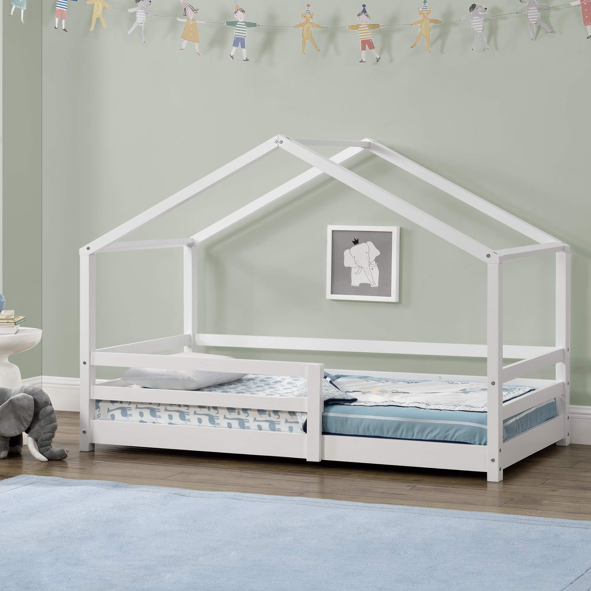 [en.casa] Kinderbett Knätten Hausbett Bodenbett 90 x 200 cm Holzbett für Kinder mit Rausfallschutz Bettgestell mit Lattenrost Kiefernholz Weiß