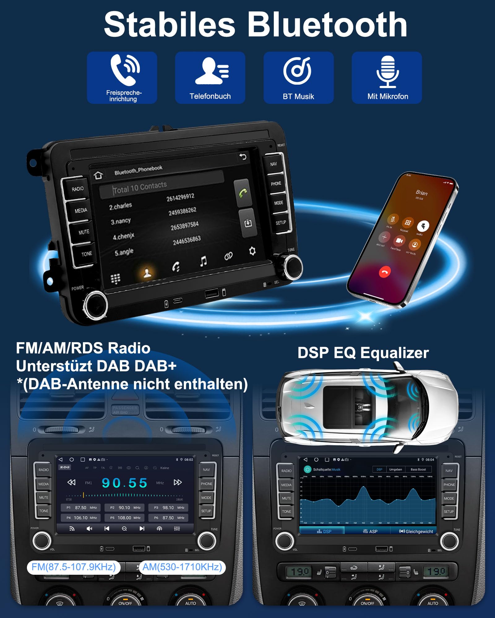 Ledio Bluetooth Autoradio mit Bildschirm für VW Golf 5 6 T5 Polo 6r Caddy Passat Touran Seat, Auto Radio mit Navi WLAN FM/AM Dab Radio, Apple Carplay Android Auto Mirrorlink 2Din 7 Zoll Android 14 GPS