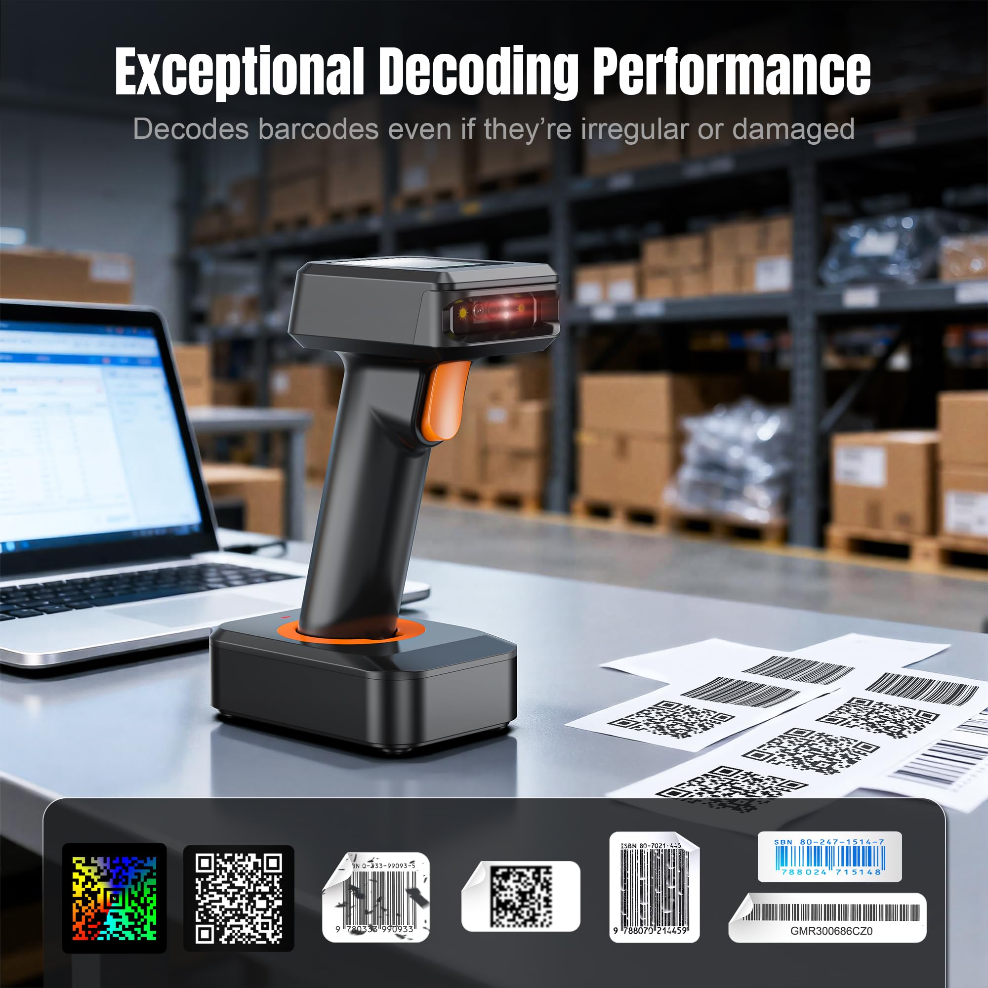 Tera 2D HW006 Barcode-Scanner, kabellos, QR-Code-Scanner mit Bluetooth, Zeitanzeige, Bildschirm, Batteriestandsanzeige Ladestation, Patentnummer 90078251950003