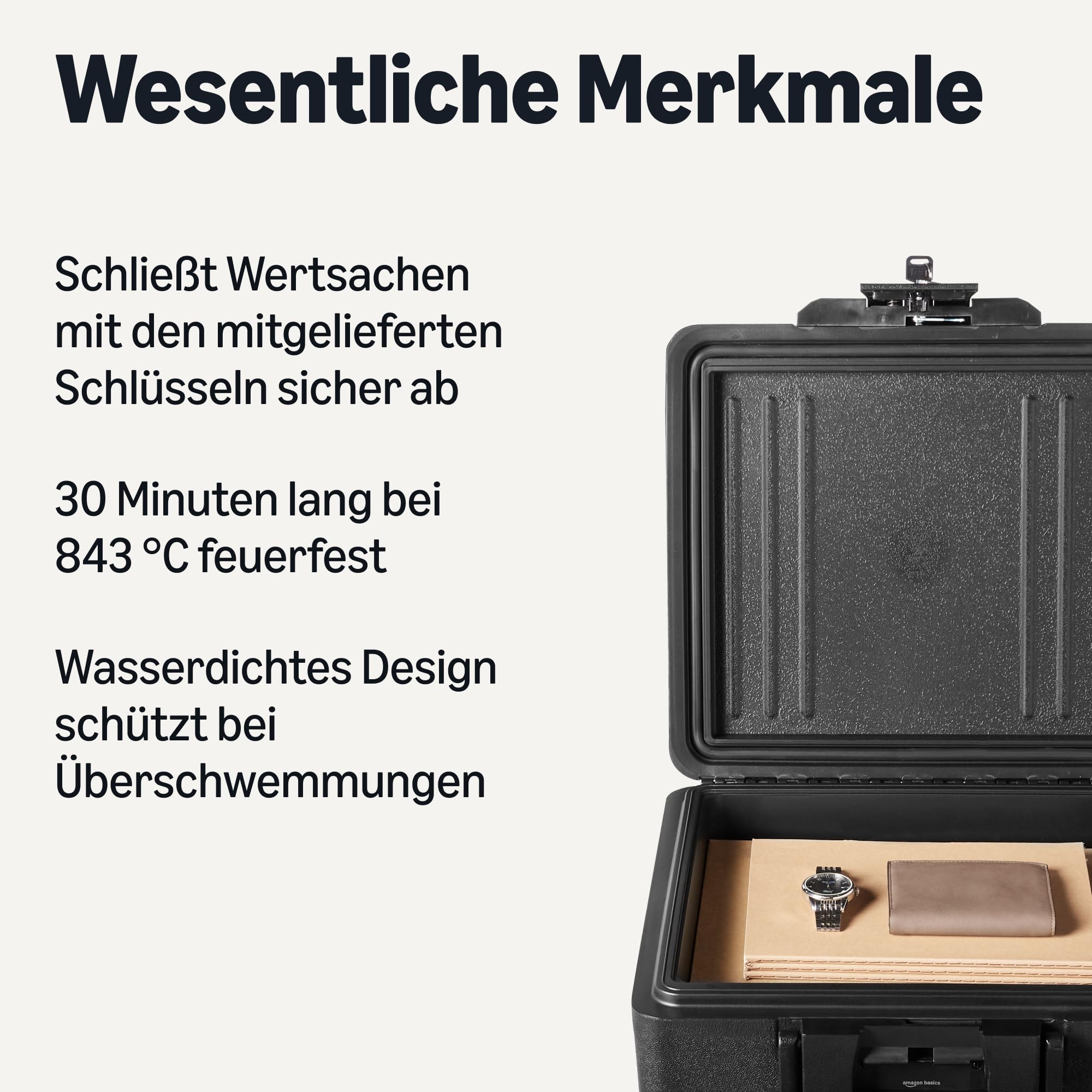 Amazon Basics Dokumentenkassette Feuer- und Wasserfest mit Schlüsselschloss, 11L Fassungsvermögen, UL 72 Klasse 350 zertifiziert, Schwarz