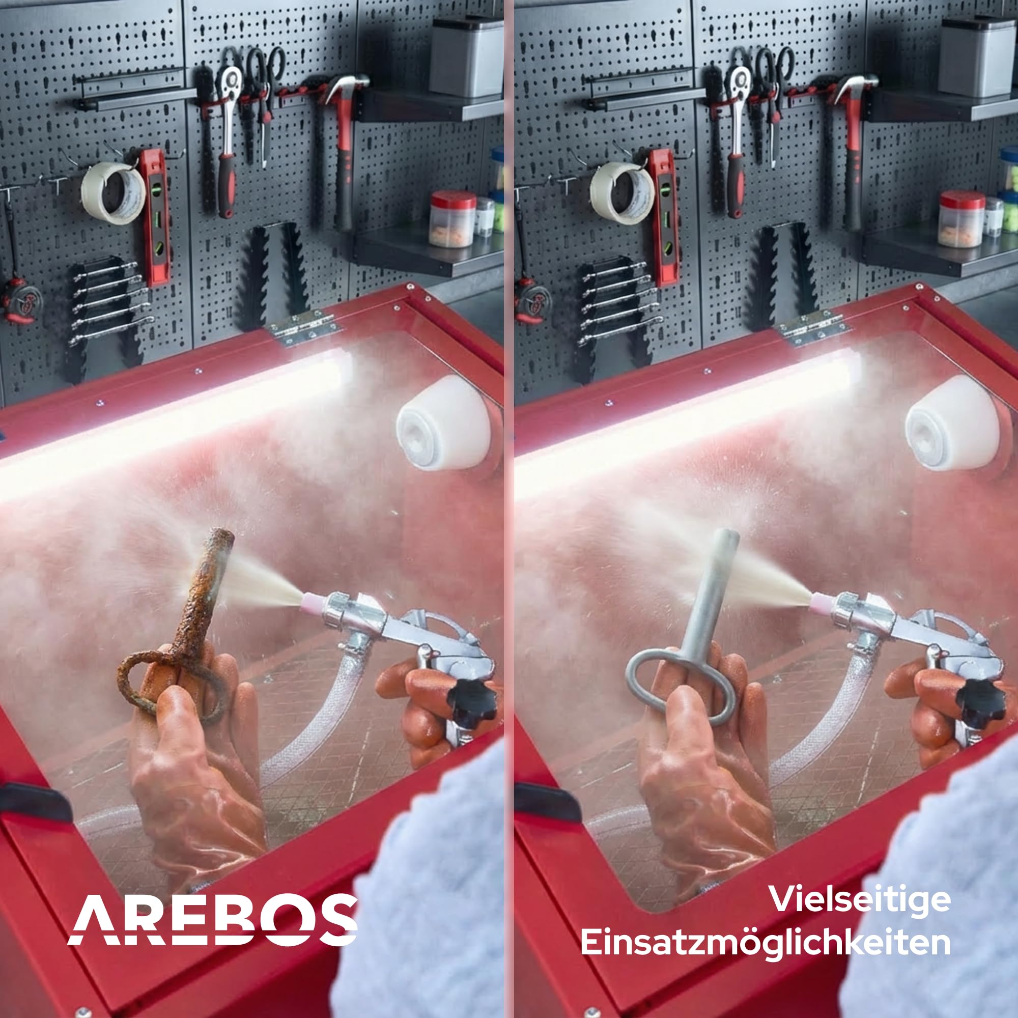 Arebos Sandstrahlkabine 90 Liter | Sandstrahlgerät mit Strahlpistole mit 4 Keramikdüsen | zur Aufbereitung | Arbeitshandschuhe | Sichtfenster inkl. 4 Ersatzfolien