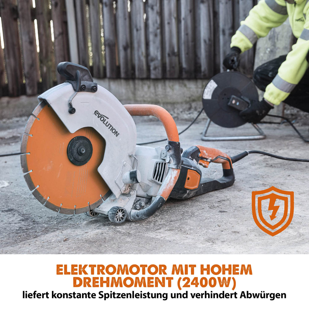 Evolution R300DCT+ Betonsäge Elektrische Steinsäge 2400W Nass-/Trocken Steinschneidemaschine Staubfreies Schneiden mit Staubunterdrückung 300 mm Scheibendurchmesser Sägeblatt, 115 mm Schnitttiefe