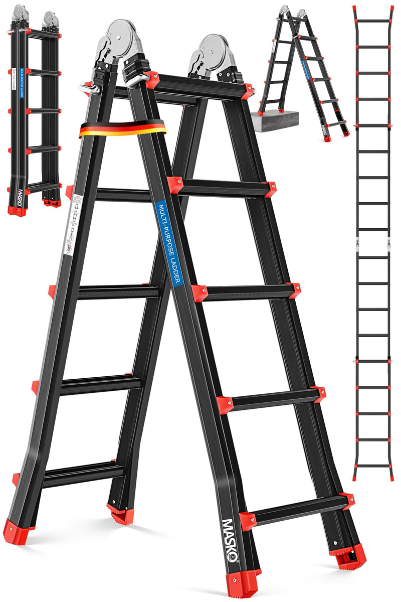 MASKO Aluminium 6in1 Mehrzweckleiter – 20 Sprossen | - 520 cm | 150 Kg, ausziehbar, rutschfest, Multifunktional, Gelenkleiter, Anlegeleiter, Klappleiter, beidseitige Steh- und Treppenleiter | Schwarz