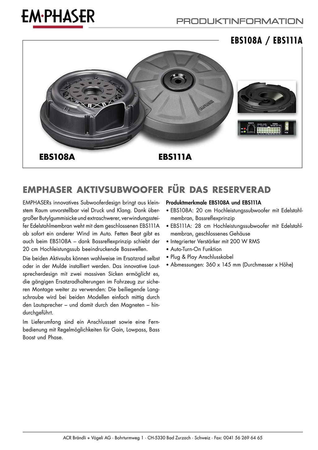 EMPHASER EBS111A – kraftvoller 28 cm Aktivsubwoofer zum Einbau in Reserverad Mulde/Felge, Auto Bassbox mit 200 Watt Verstärker, geschlossenes Gehäuse