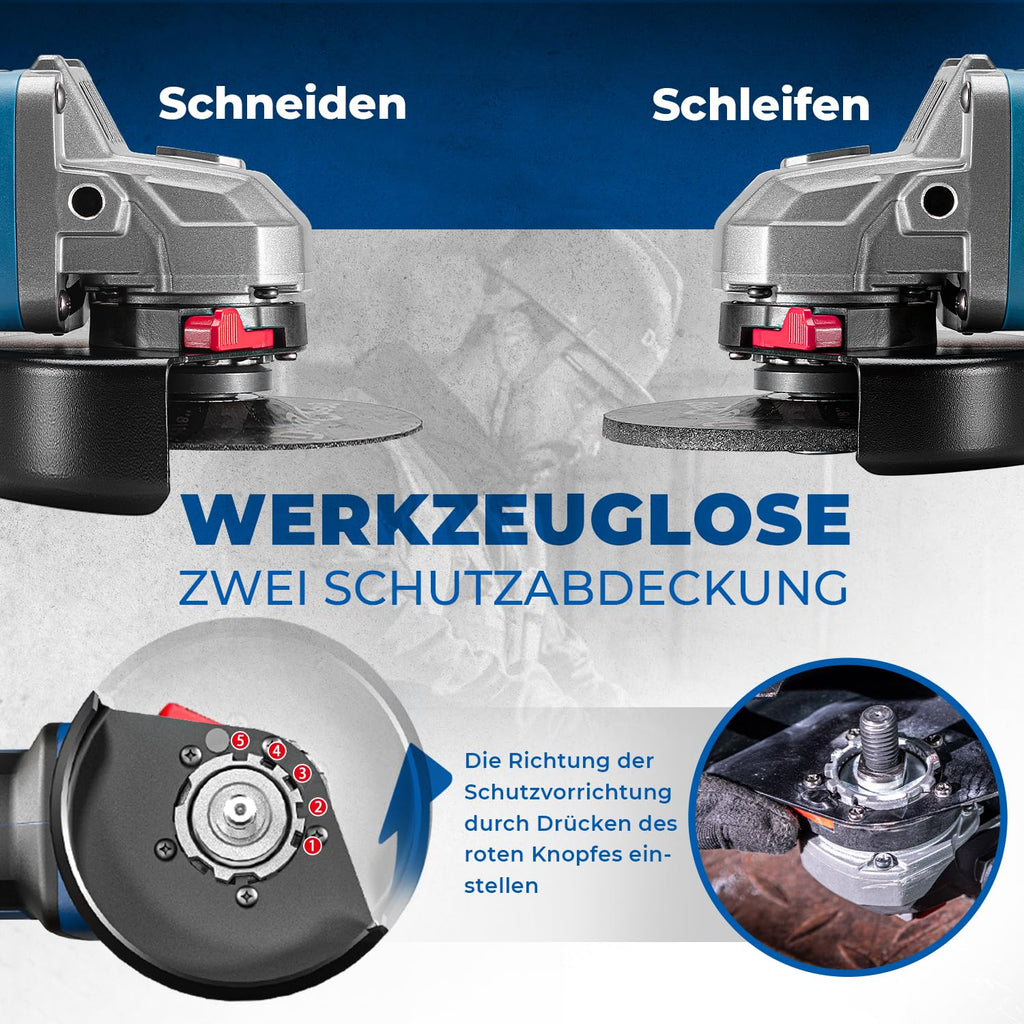 DongCheng Akku-Winkelschleifer 18V, Ø 125mm, 1000W, bürstenloser Motor, 3 Drehzahlstufen, Schnellspannschutz, Anti-Vibrationsgriff, inkl. 2 Schleif-, 2 Fächer-, 2 Trennscheiben, 4.0Ah Akku & Ladegerät