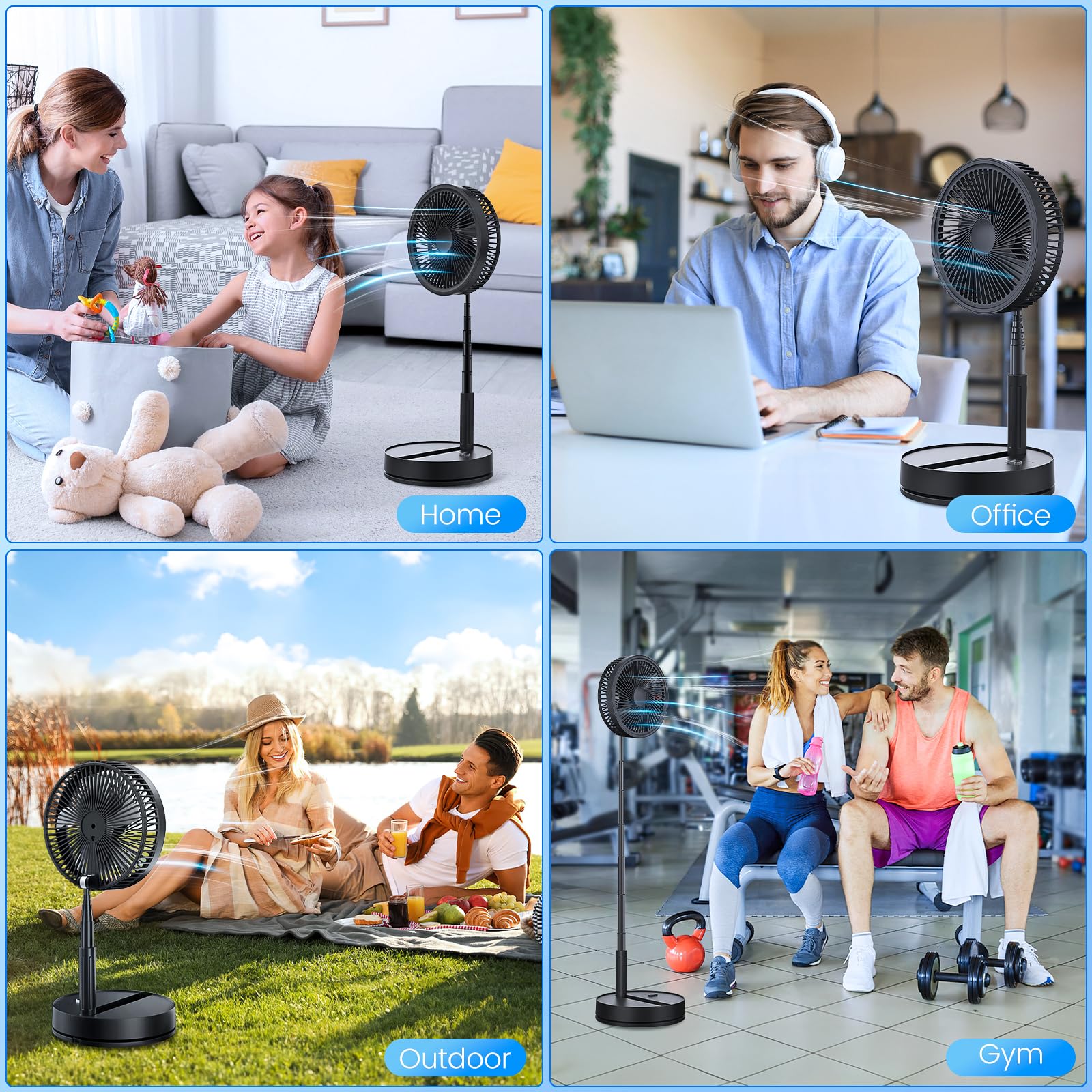 Oszillierender Ventilator Leise mit Fernbedienung, 9" Mini USB Tragbarer Tischventilator Standventilator, 7200mAh Akku Batterie Table Floor Fan mit Timer für Hause Schlafzimmer Büro Outdoor Reise