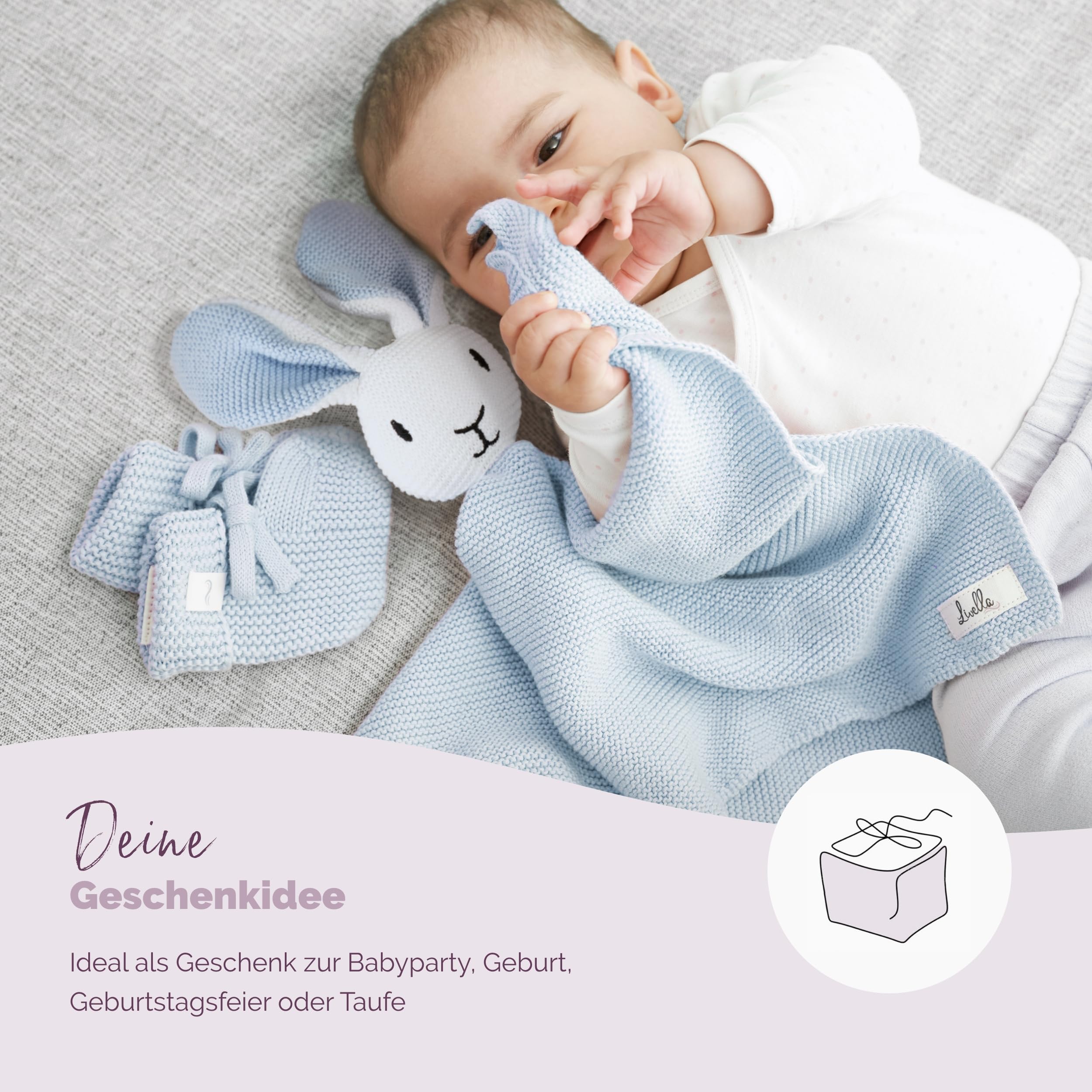 Livella Kuscheltuch „Hase“ mit Söckchen - Reine Bio-Baumwolle – Premium Schmusetuch, Kuscheldecke, Schmusedecke, Strickdecke - Samtweich & atmungsaktiv - Oeko-TEX® Standard 100 und GOTS Zertifiziert