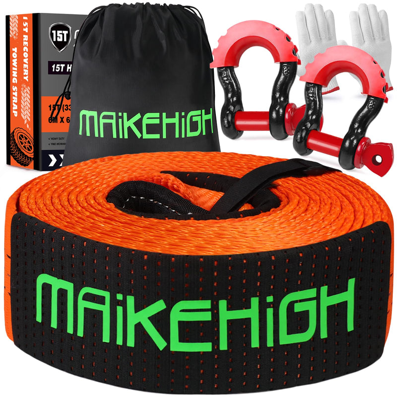 MAIKEHIGH Abschleppseil 15 Tonnen (33,700 Lbs), 6M x 7,6cm Abschleppgurt mit 2 Verbesserten Schäkeln Haken, 2 Handschuhen für Auto, LKW, SUV, Offroad (Orange)