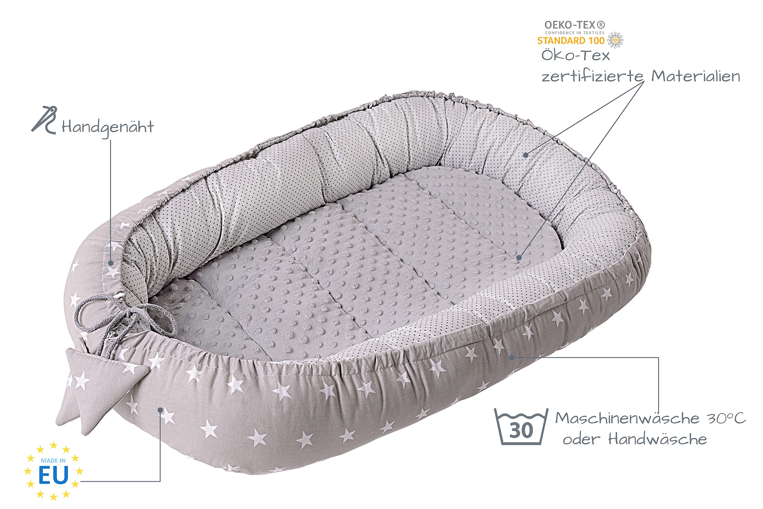 Medi Partners Babynest Nestchen für Neugeborene - 100x60x15 Babynestchen Baby zweiseitg Nest Bett 100% Baumwolle Minky Kuschelnest tragbar (graue Sternen mit graue Minky)