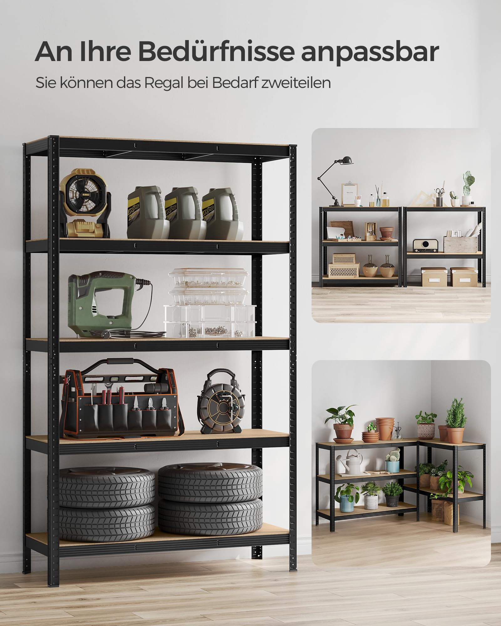SONGMICS Schwerlastregal, Kellerregal, Lagerregal, 60 x 120 x 200 cm, Regal mit Stahlgestell, bis 750 kg belastbar, 5 verstellbare Ablagen, schwarz GLR060B01