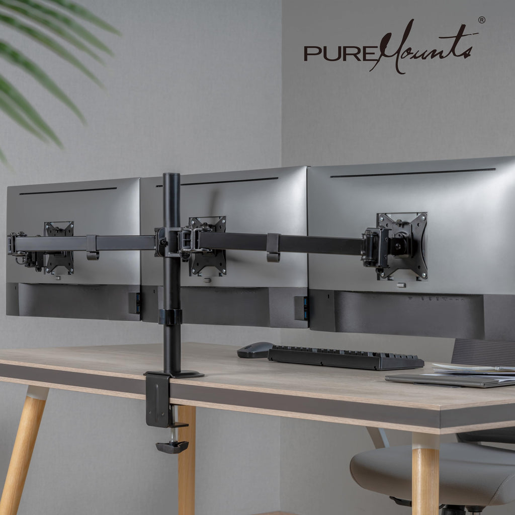 PureMounts Monitor Halterung, Monitorhalterung für 3 Bildschirme, 17 bis 27 Zoll, höhenverstellbar neigbar schwenkbar, VESA 75 und 100, Tischhalterung, Bildschirmhalter Triple, Schwarz