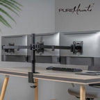 PureMounts Monitor Halterung, Monitorhalterung für 3 Bildschirme, 17 bis 27 Zoll, höhenverstellbar neigbar schwenkbar, VESA 75 und 100, Tischhalterung, Bildschirmhalter Triple, Schwarz
