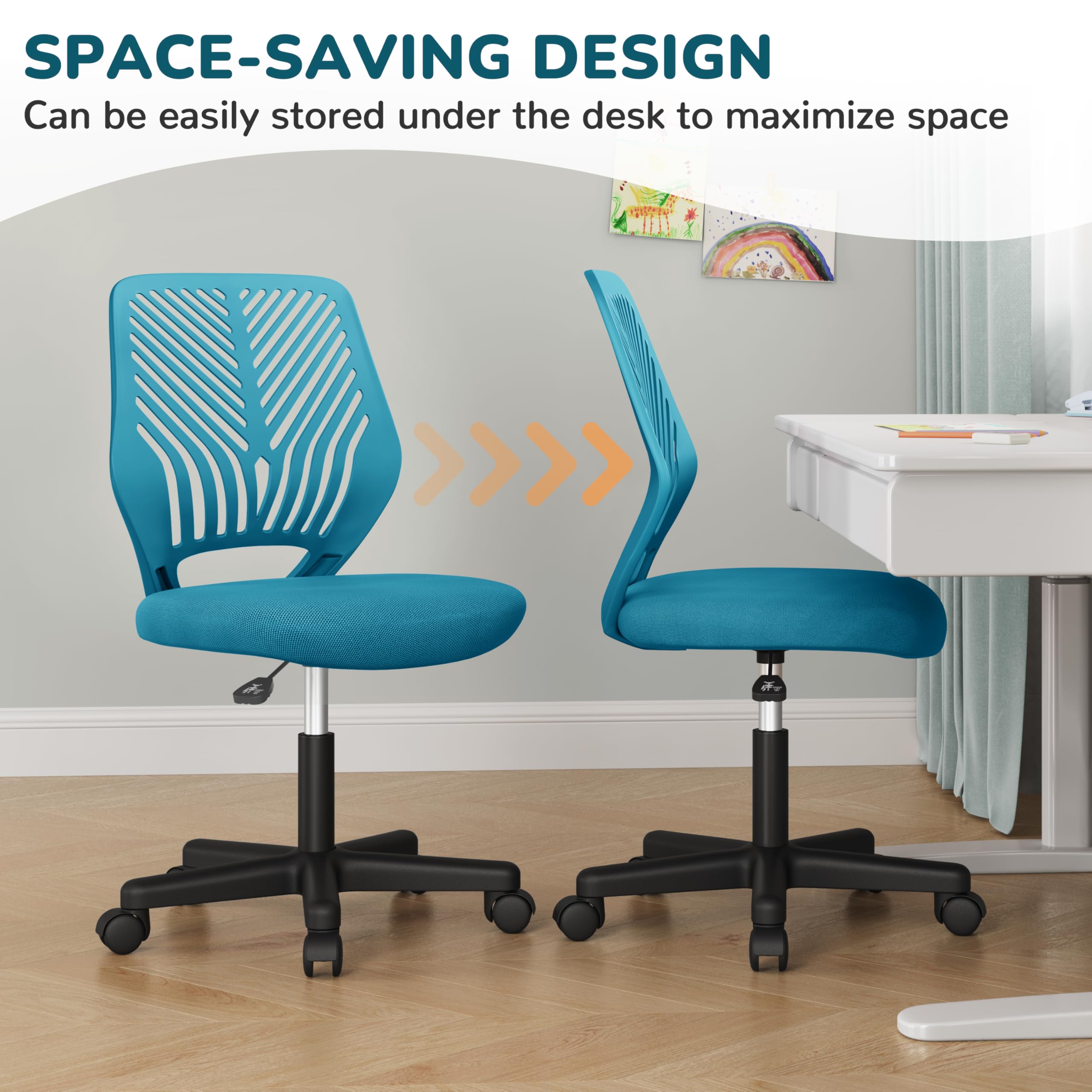Yaheetech ergonomisch Schreibtischstuhl Bürostuhl ohne Armlehnen Drehstuhl mit Rücklehne Arbeitsstuhl höhenverstellbar 136 kg belastbar 50 x 55 x 79-92 cm Türkis