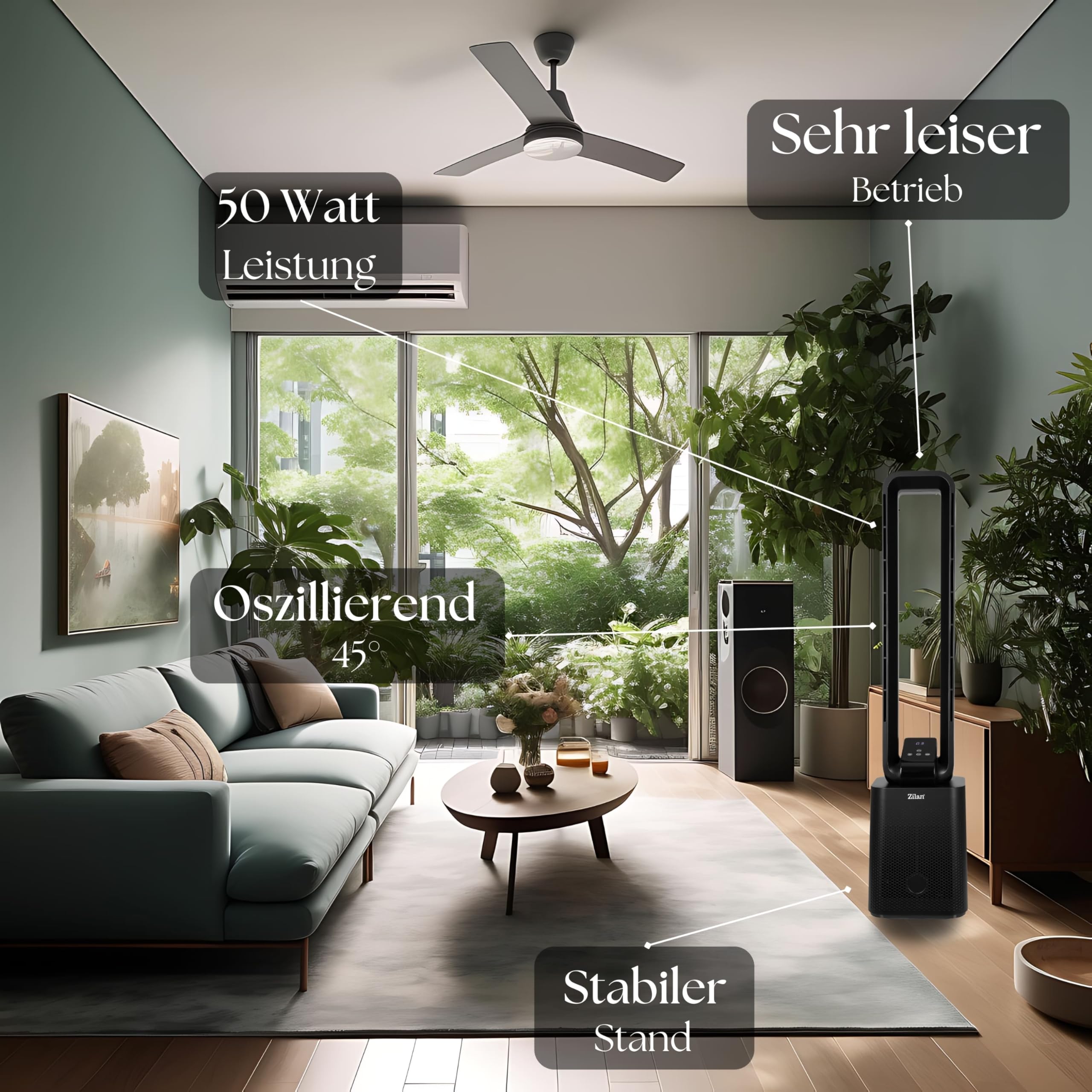 Zilan Turmventilator sehr leise mit Kühlung Standventilator mit Fernbedienung energiesparend oszillierend - Säulenventilator Aircooler Luftkühler Bodenventilator Tower Fan 12 Stufen (Venom Black)