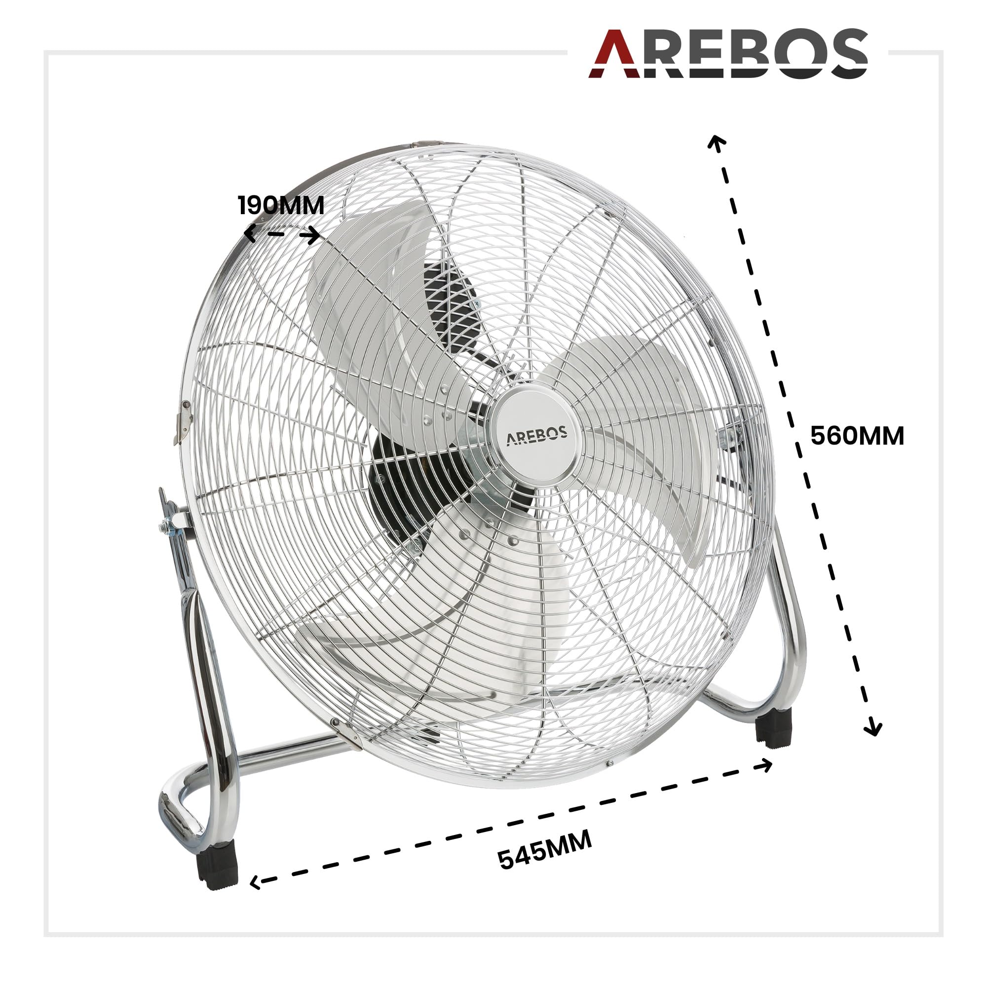 Arebos Bodenventilator Ø45 cm | Windmaschine Retro Stil | Ventilator | 3 Geschwindigkeitsstufen | hoher Luftdurchsatz | 100° einstellbarer Neigungswinkel | Chrom