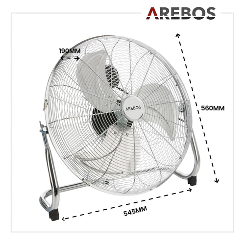 Arebos Bodenventilator Ø45 cm | Windmaschine Retro Stil | Ventilator | 3 Geschwindigkeitsstufen | hoher Luftdurchsatz | 100° einstellbarer Neigungswinkel | Chrom