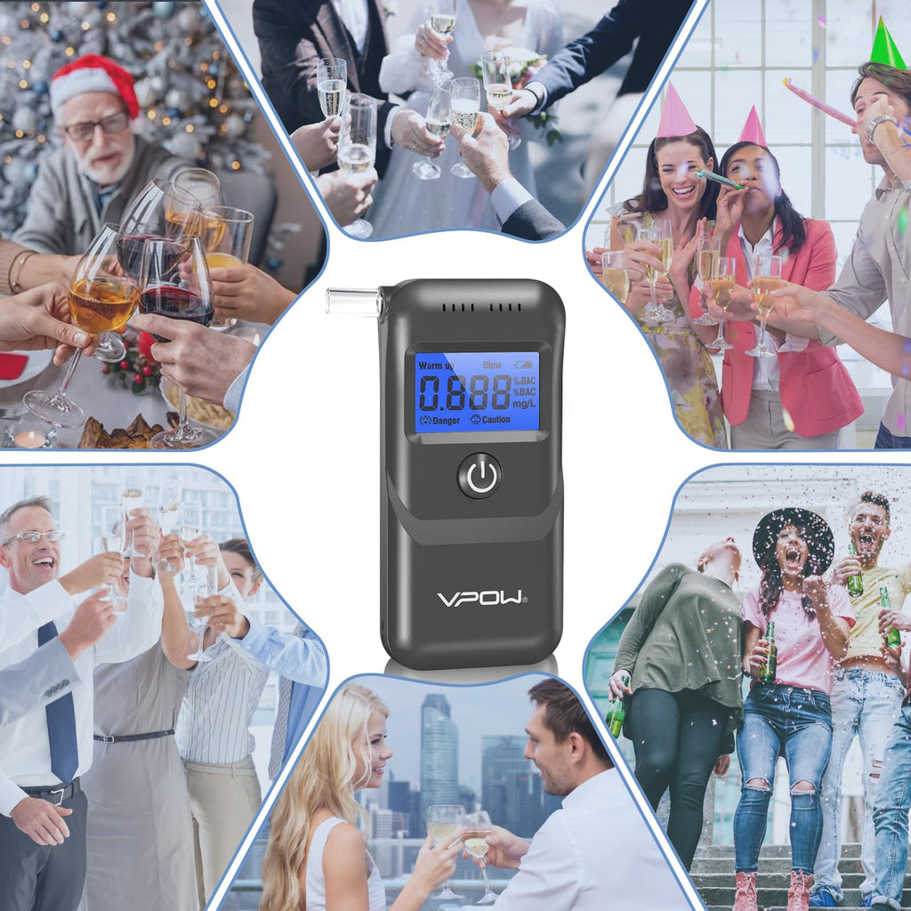 VPOW Alkoholtester, Professioneller Alkoholtester mit digitaler Blauer LCD-Anzeige, Atemalkoholtester mit Gradgenauigkeit für den privaten professionellen Gebrauch zu Hause - Grau