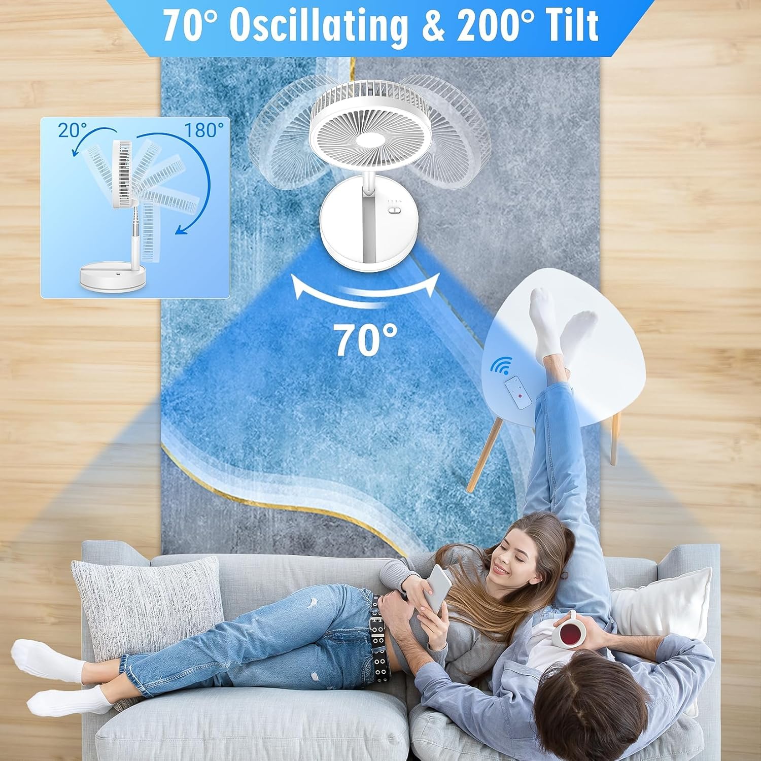 LIPETY Tragbarer Faltbarer Oszillierender Klein Ventilator, 9" 7200 mAh Akku Aufladbar USB C Tischventilator mit Fernbedienung, Mini Leise Standventilator für Hause Schlafzimmer Reisen Camp