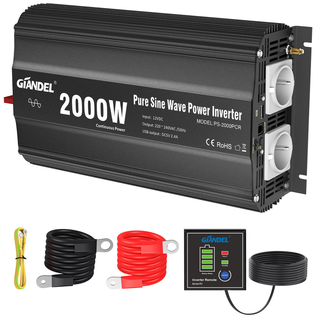 GIANDEL 2000W Wechselrichter 12V auf 230V Reiner Sinus KFZ Spannungswandler Kompatibel mit LiFePO4 Power Inverter mit Fernbedienung und USB Anschlüsse für Wohnmobil LKW Auto Camping