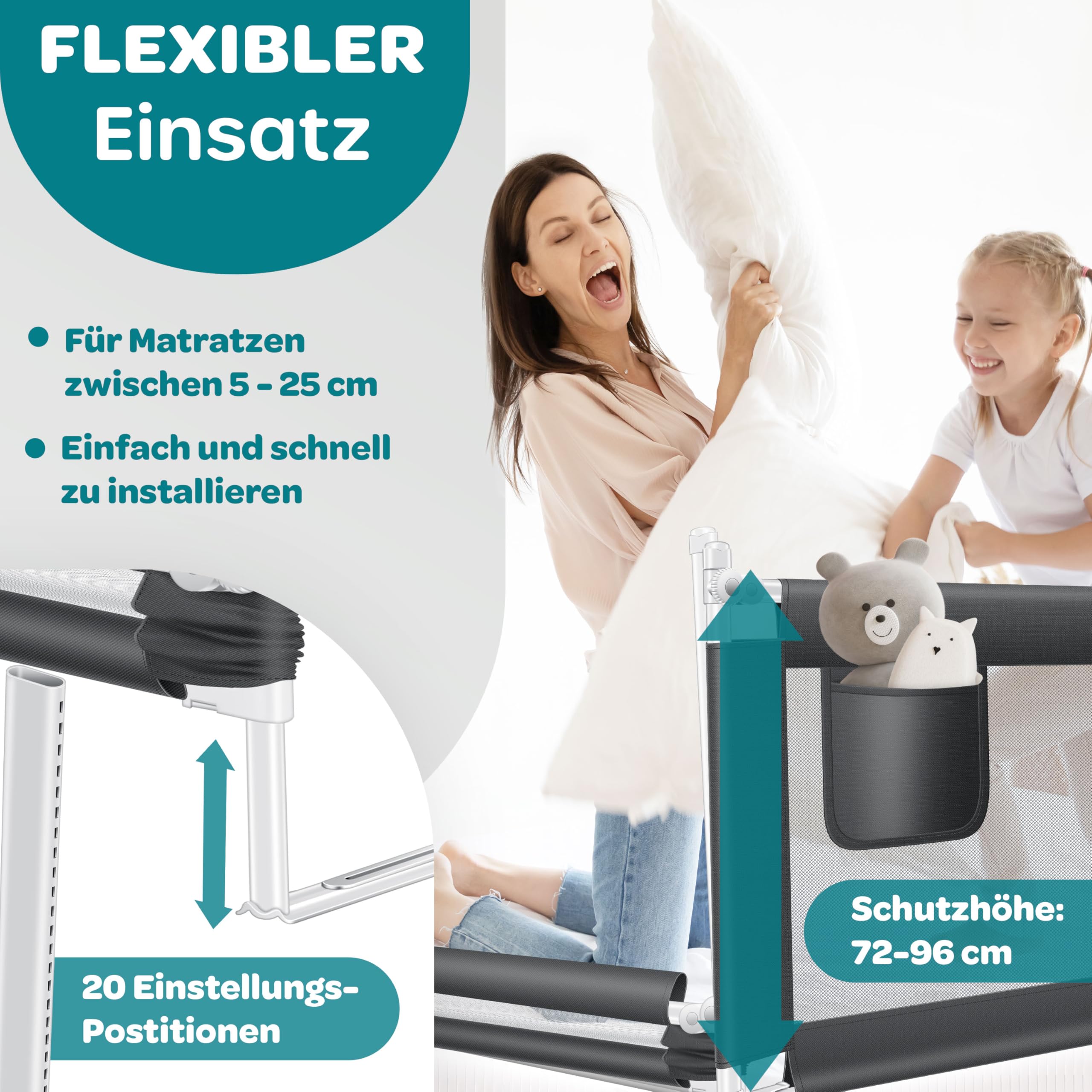 KESSER® Bettschutzgitter 180cm Reise Bett Rausfallschutz verstellbar Bed Guard Rail Bumper, Kinder/Baby, Bettgitter Klappbar, Kinderbett Kinderbettschutzgitter, Tasche, Dunkelgrau, Höhe: 72 bis 96cm