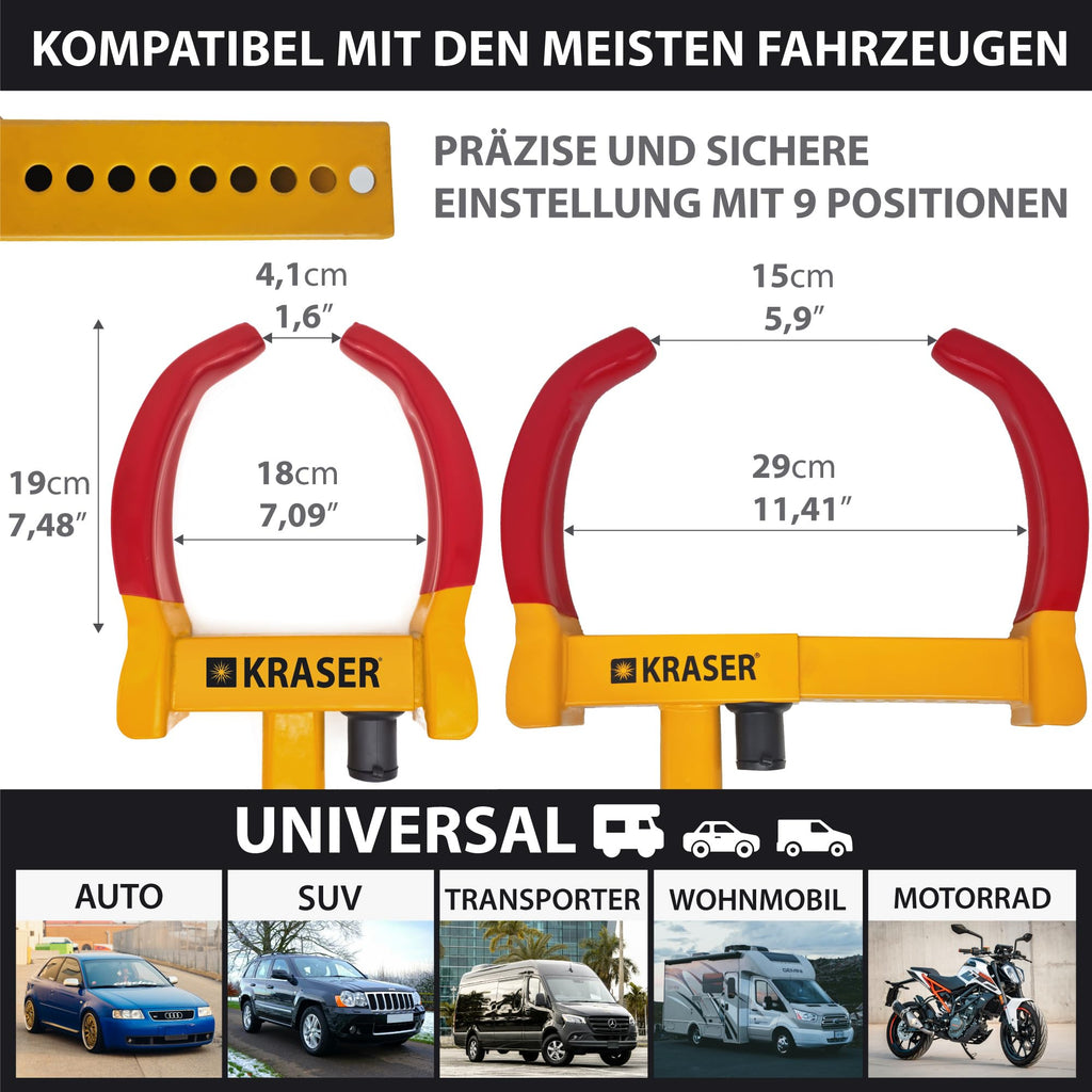 KRASER WA820 Hohe Sicherheit Radkralle Wohnwagen, Testsieger Parkkralle mit Anti-Bohrschloss Wegfahrsperre, Reifenkralle, Diebstahlsicherung Universal für Auto PKW Wohnmobile Anhänger Motorrad